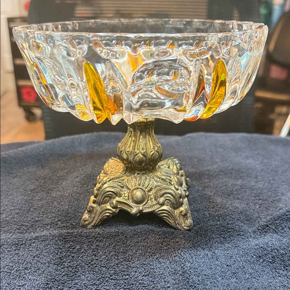 L&L WMC 1973 Crystal and Brass Compote Butterscotch Swirl pattern